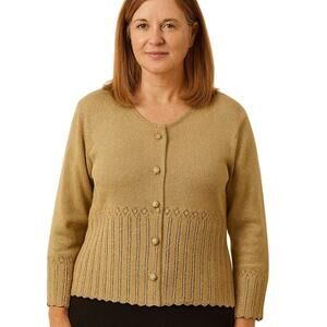 Vintage 80s San Remo Womens Large Gold Metallic Knit Cardigan Rhinestone Glam